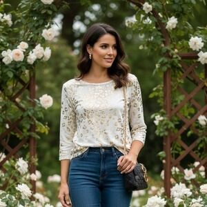 Calvin Klein Womens Gold Metallic Leopard Print 3/4 Sleeve Knit Top White Size L